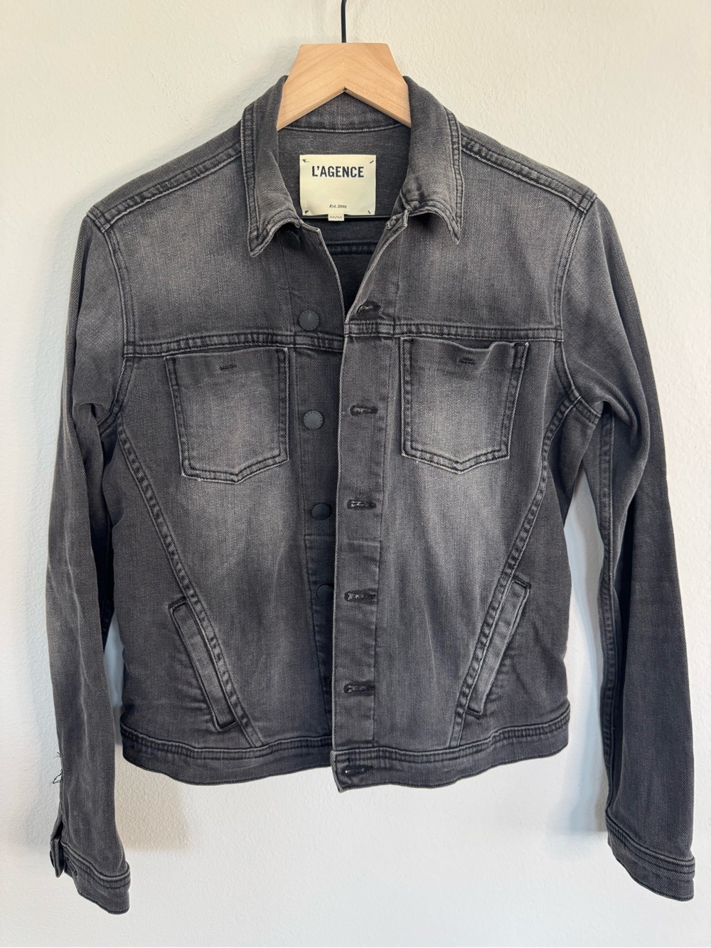 L'AGENCE Celine Slim Denim Jacket Vintage Black Stretch Designer Jean Jacket M